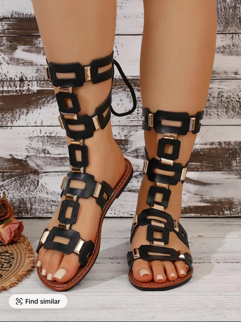 Black Gladiator Lace-Up Women’s Sandals with Gold Accents